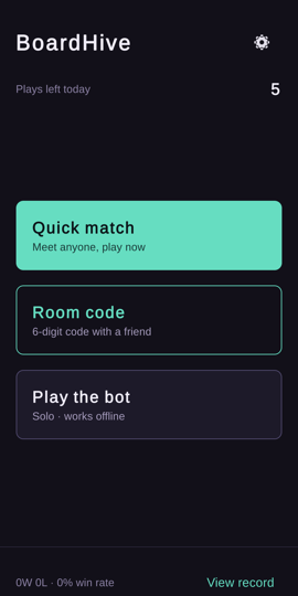 BoardHive lobby — auto match, room code, bot game